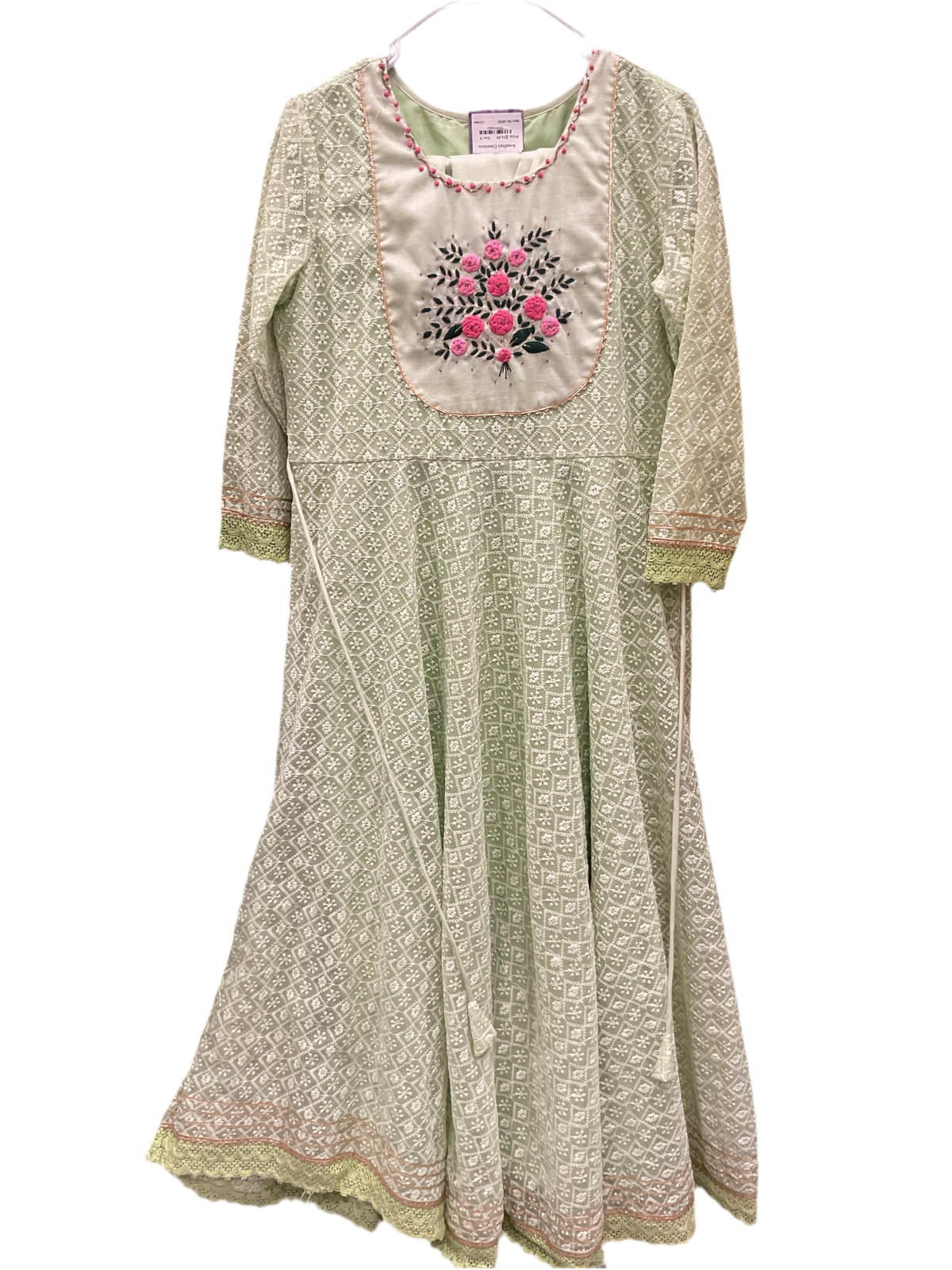 Pale mint-green Anarkali-style kurta with white floral embroidery and a cream yoke with pink flowers