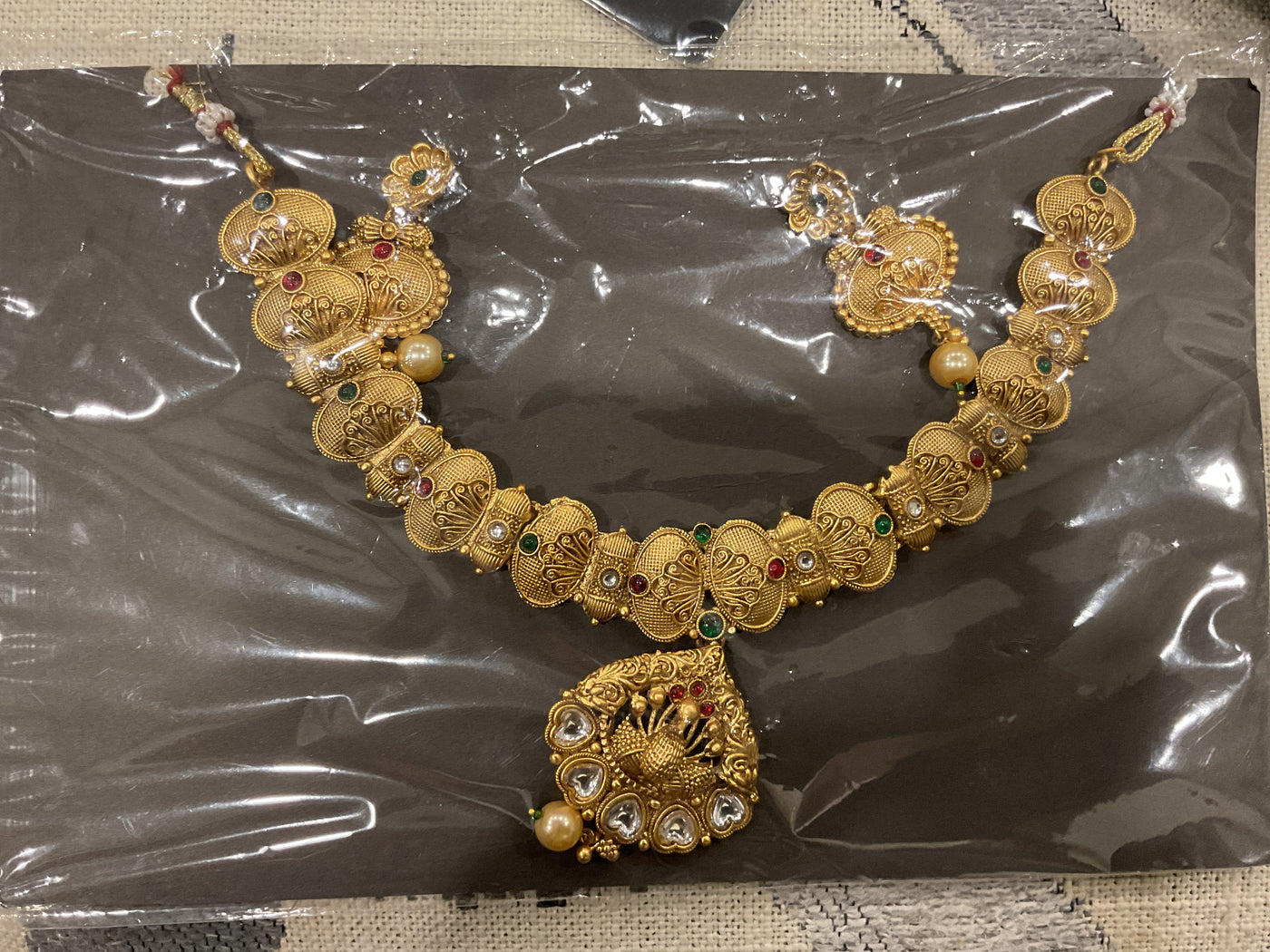 Gold-Plated Antique Necklace – Oval Link Chain with Kundan & Pearl …