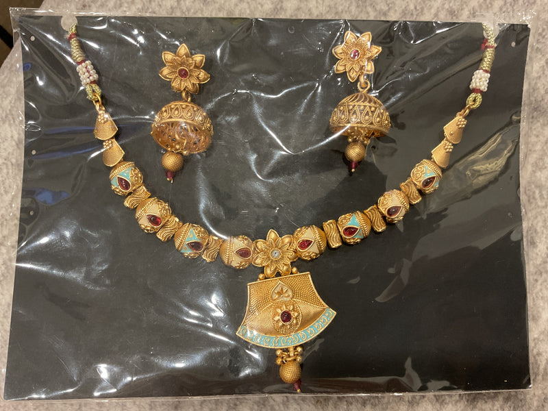 Gold-Plated Meenakari Long Necklace – Fan Pendant, Red Stones with …