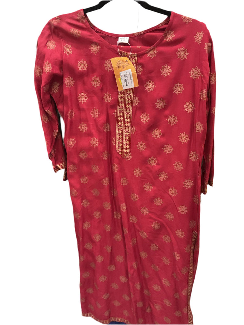 Red Kurta with Gold Star Medallion Print