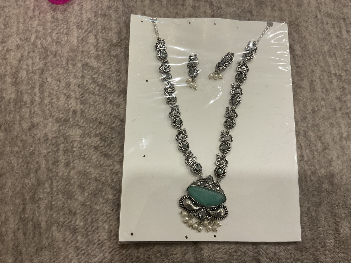 German Silver Oxidised Necklace Set – Floral Link Chain, Slab Stone…