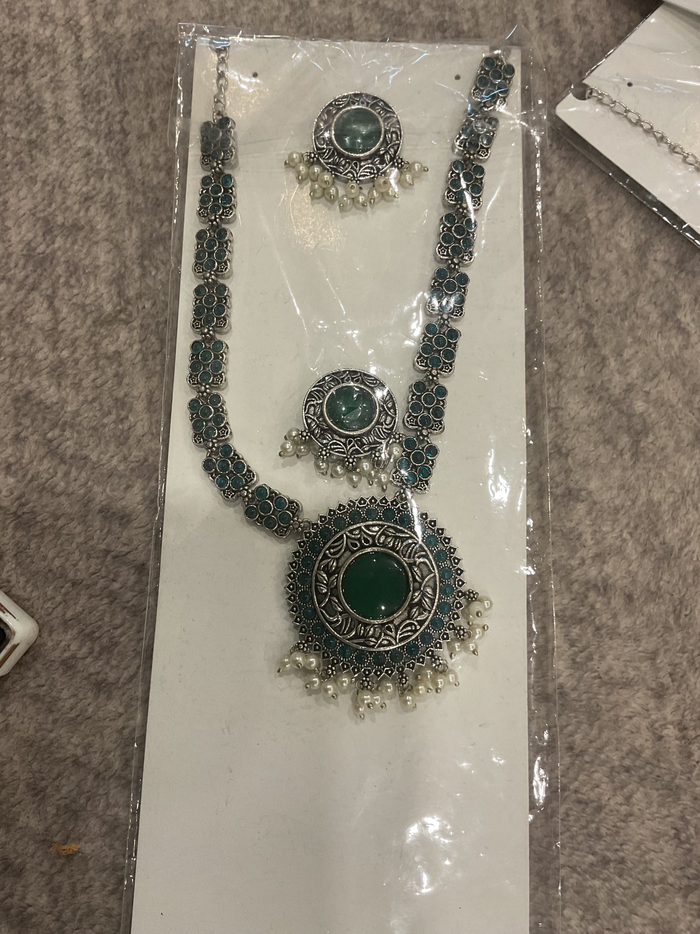 German Silver Long Necklace Set – Teal Stone Floral Link Chain with…
