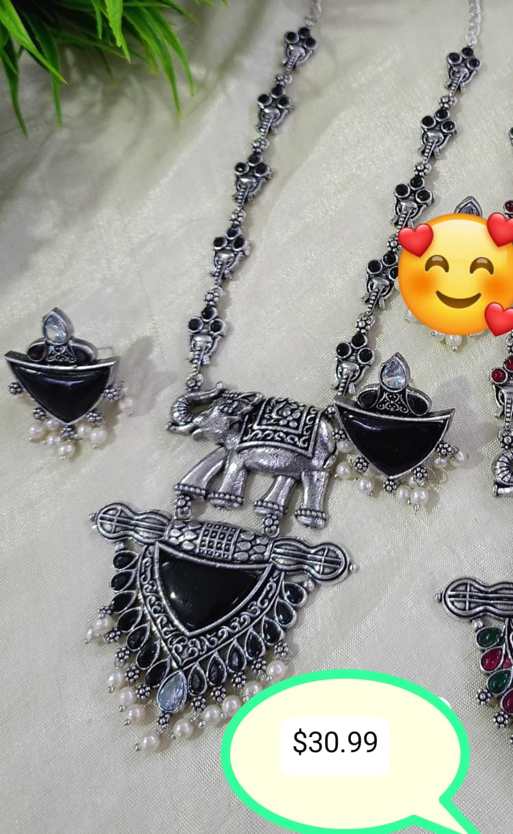 German Silver Elephant Pendant Necklace Set – Stone & Pearl Drop wi…