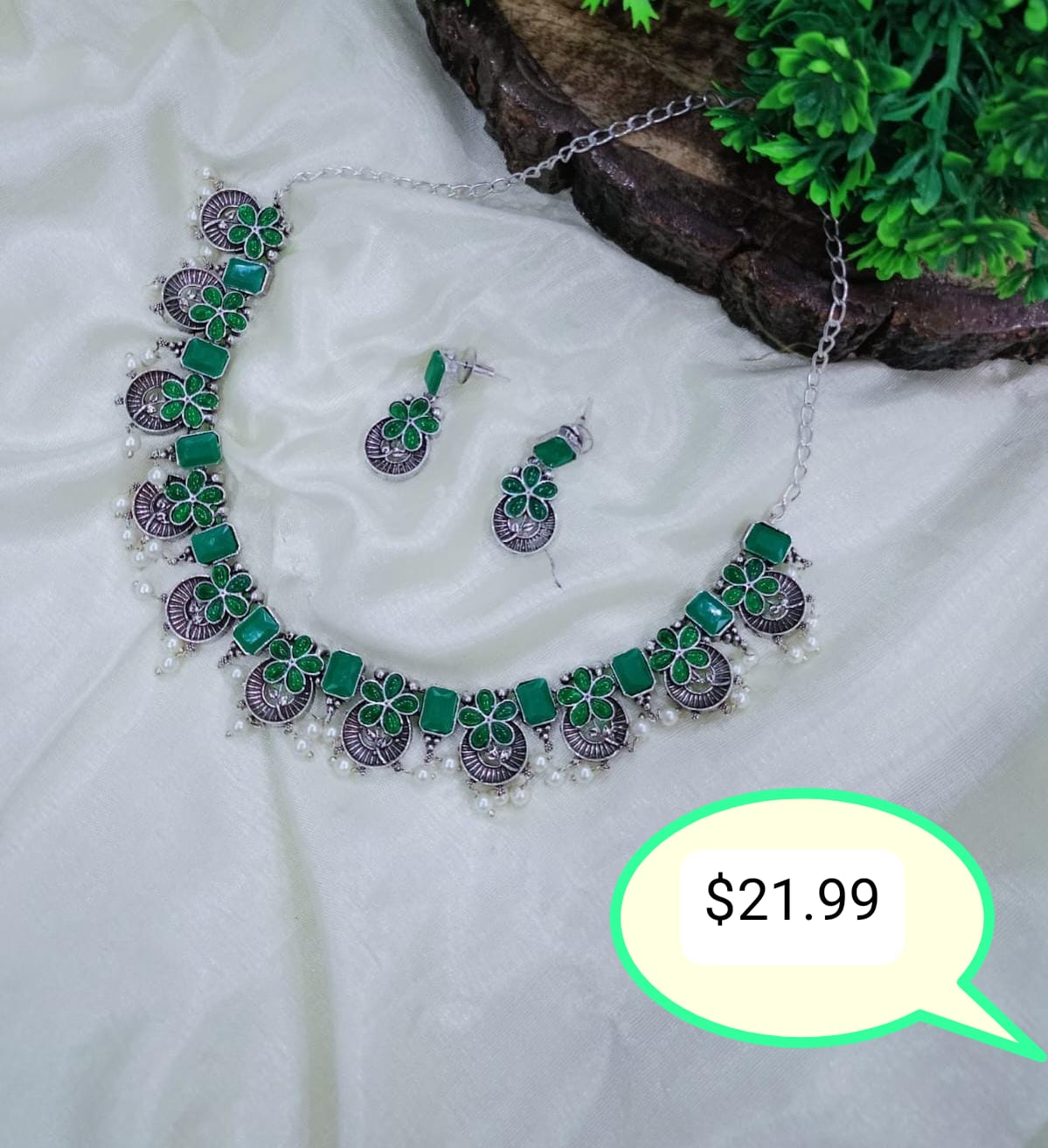 German Silver Floral Choker – Colored Stones & Pearl Drops with Mat…