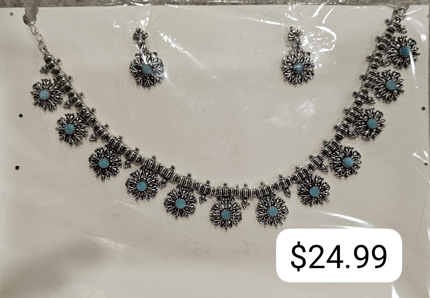 German Silver Floral Choker – Oxidised Flower Motifs with Matching …
