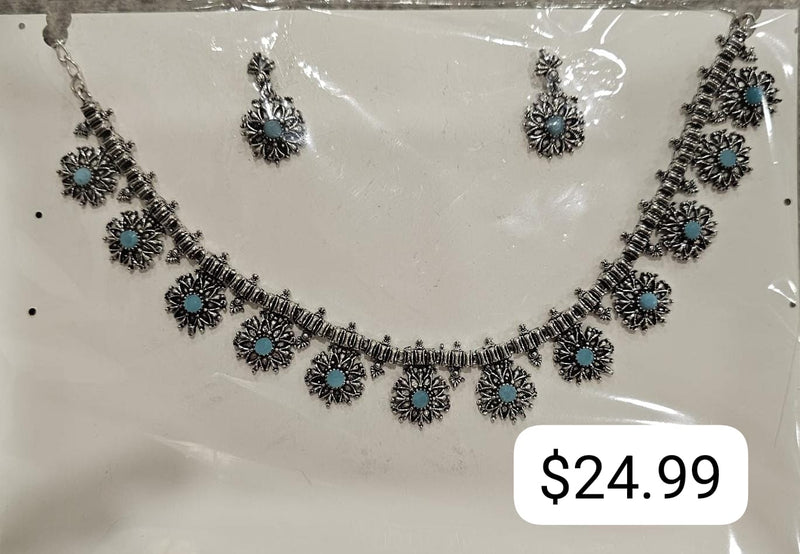 German Silver Floral Choker – Oxidised Flower Motifs with Matching …