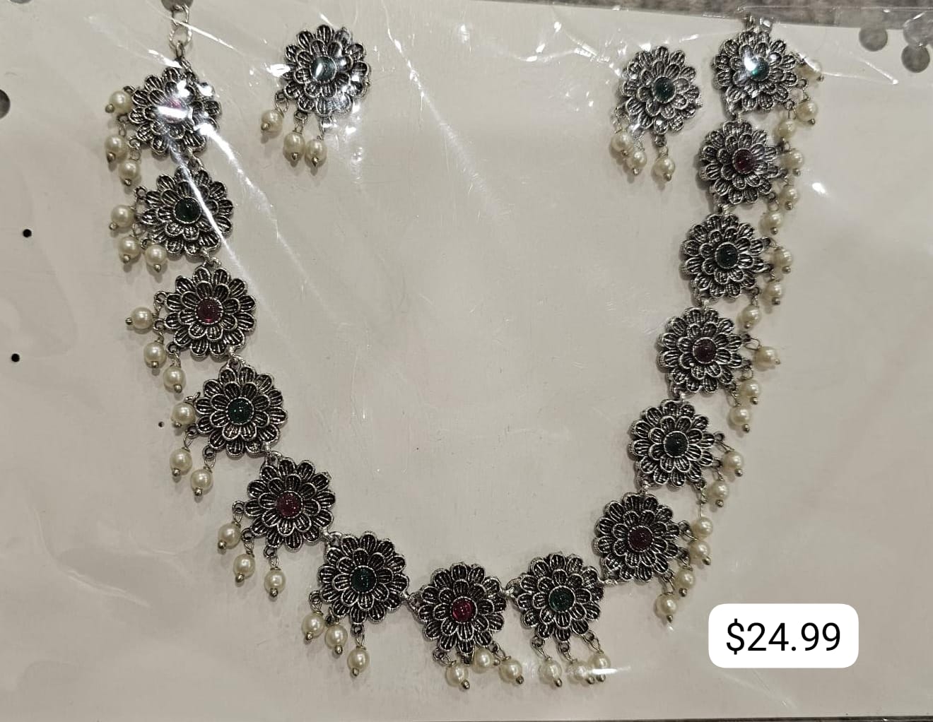 German Silver Floral Link Necklace – Pearl Drops & Stone Centers wi…