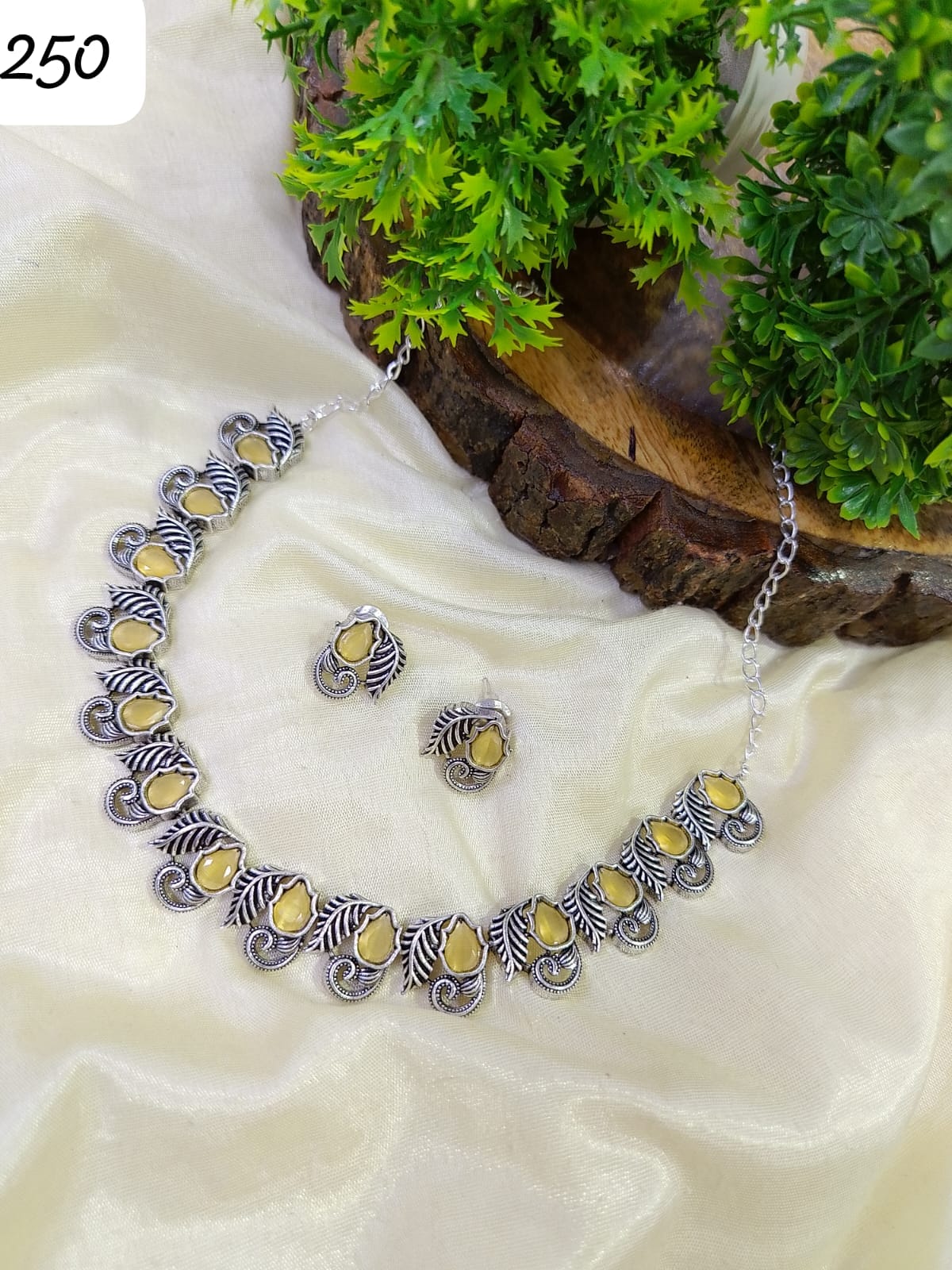 German Silver Leaf & Scroll Choker – Teardrop Stone with Matching S…