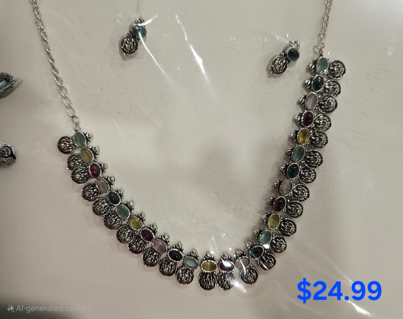 German Silver Coin-Link Necklace – Multicolor Oval Stones with Matc…