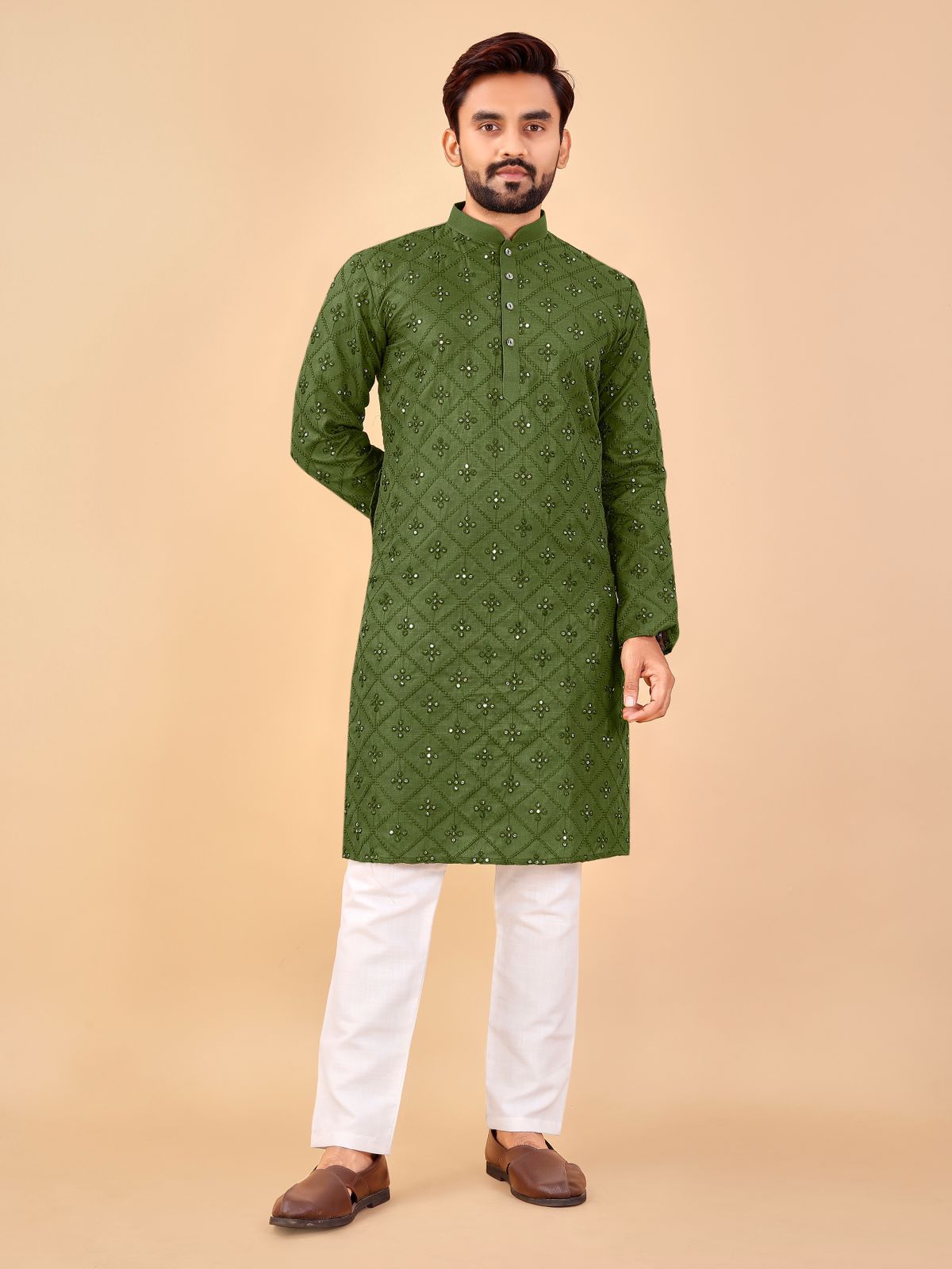 Men’s Rayon Kurta Pajama – Green with Diamond Sequence Embroidery & Mirror Accents