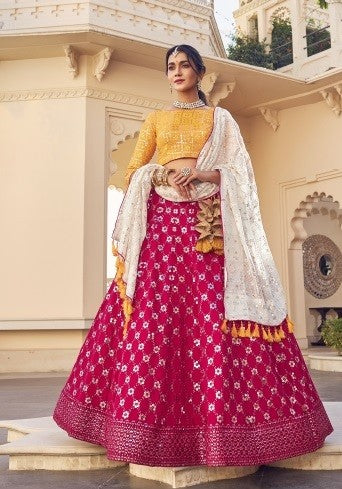 Women's Chaniya Choli – Pink Floral Print with Mustard Yellow Blouse