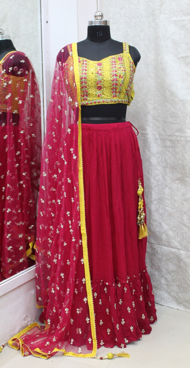Women's Sharara Skirt Set – Rani Pink with Yellow Sequin Blouse