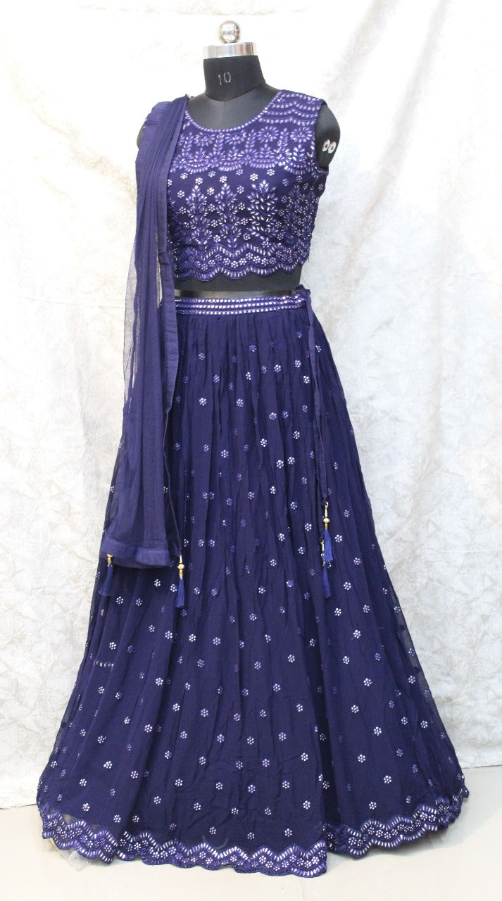 Women's Lehenga – Navy Sequin & Mirror Work with Scalloped Hem