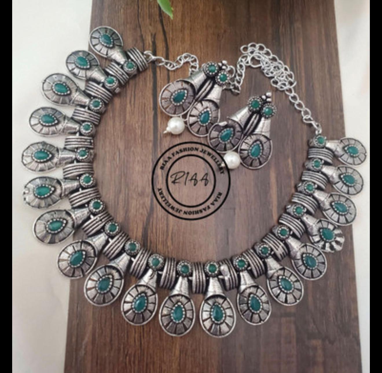 German Silver Choker Necklace – Oval Green Stone Ghungroo Set with …