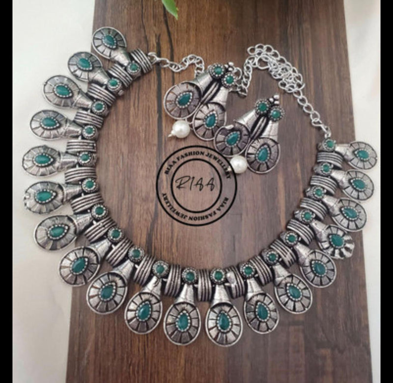 German Silver Choker Necklace – Oval Green Stone Ghungroo Set with …