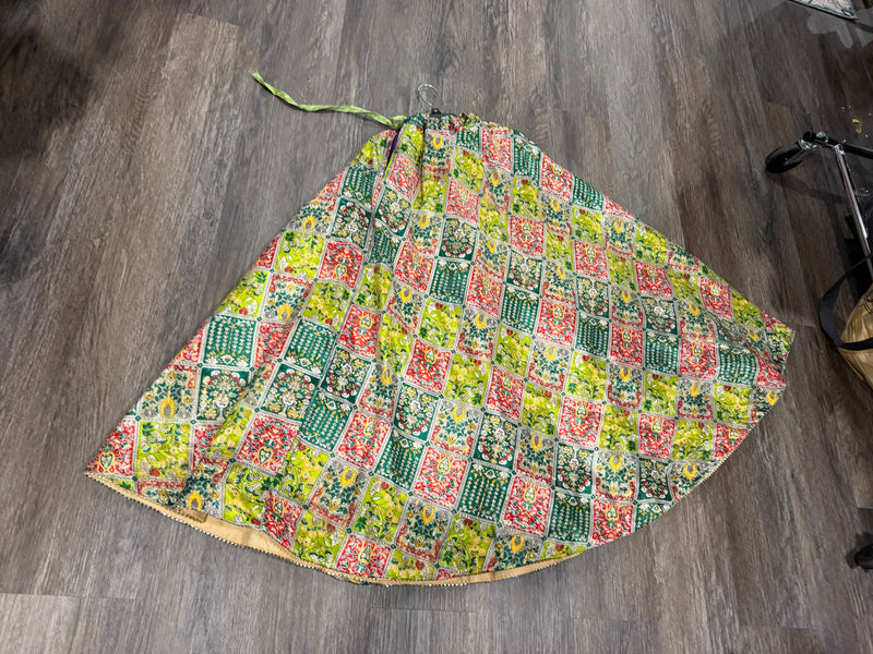Multicolor satin chaniya choli skirt, Mughal diamond lattice floral print