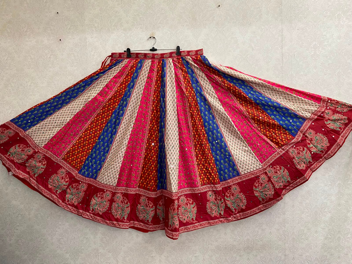 Multicolor stripe chaniya choli skirt with peacock mirror border