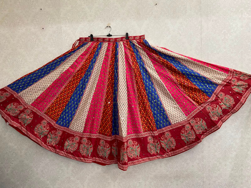 Multicolor stripe chaniya choli skirt with peacock mirror border