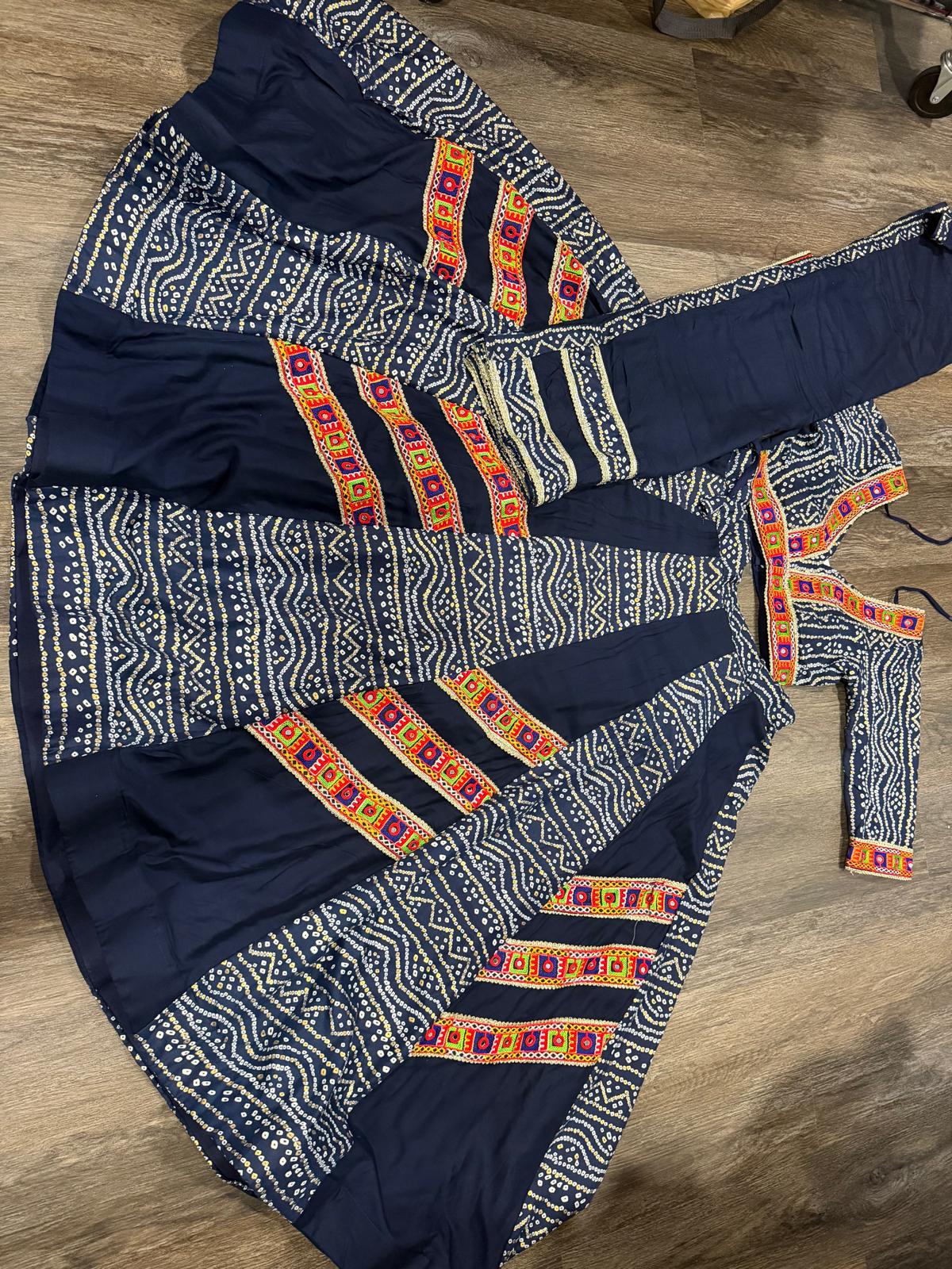 Navy blue Bandhani chaniya choli set with dupatta, Kutchi mirror ribbon trim