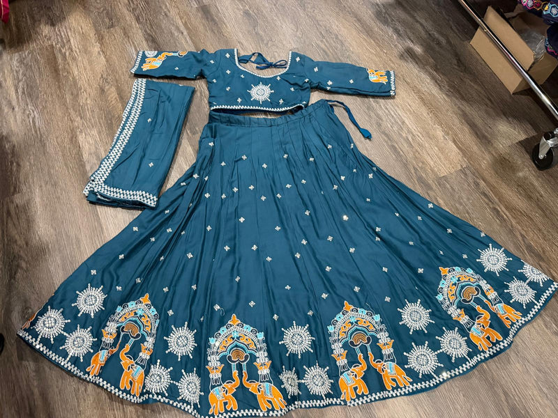 Teal chaniya choli set with dupatta, elephant and sunburst thread embroidery