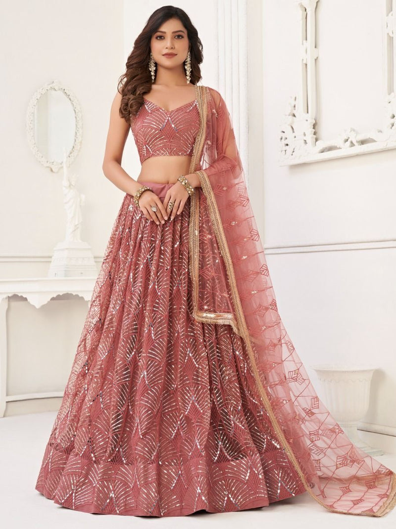 Women's Lehenga – Dusty Rose Sequin Leaf Pattern