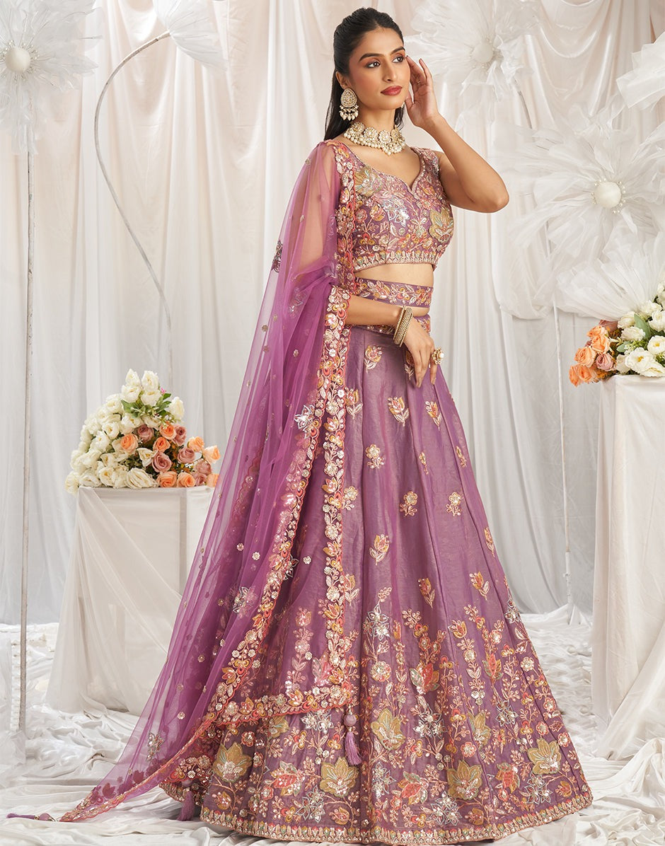 Women's Bridal Lehenga – Mauve Floral Embroidery
