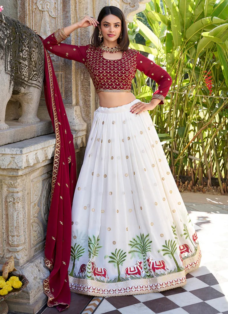Women's Lehenga – White Scenic Print with Maroon Blouse
