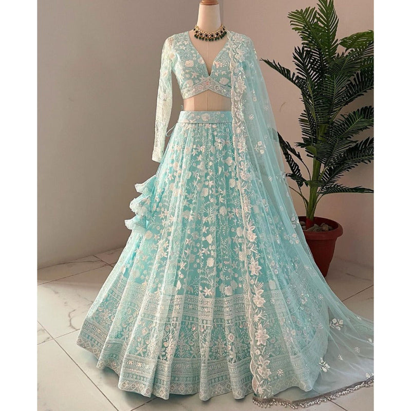 Women's Lehenga – Aqua Blue with White Floral Embroidery