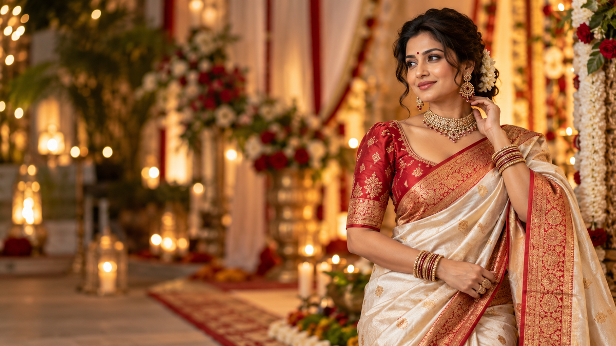 Woman in a cream silk saree with a red Banarasi border for Durga Puja