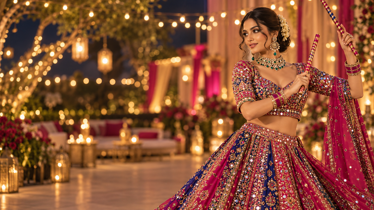 Woman in a navy mirror-work chaniya choli dancing Garba with dandiya sticks at night