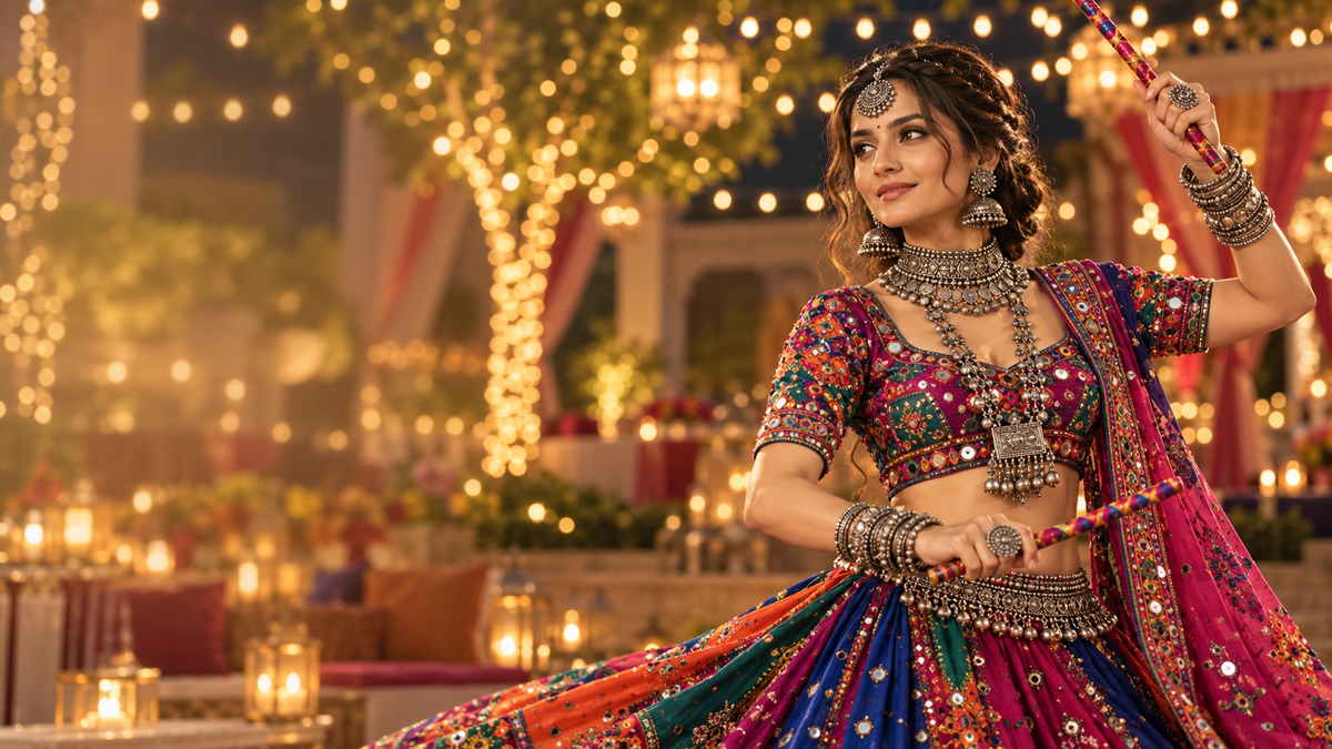 Woman in a mirror-work chaniya choli dancing Garba with dandiya sticks at night
