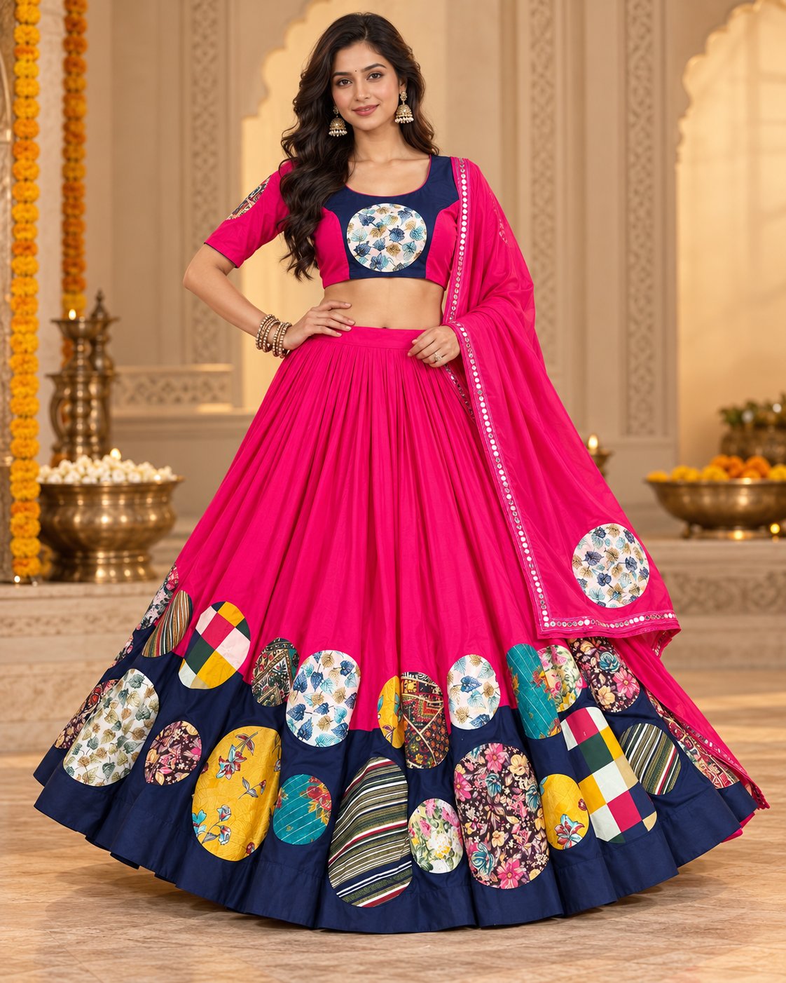 Hot pink and navy chaniya choli set with dupatta, circular fabric appliqué