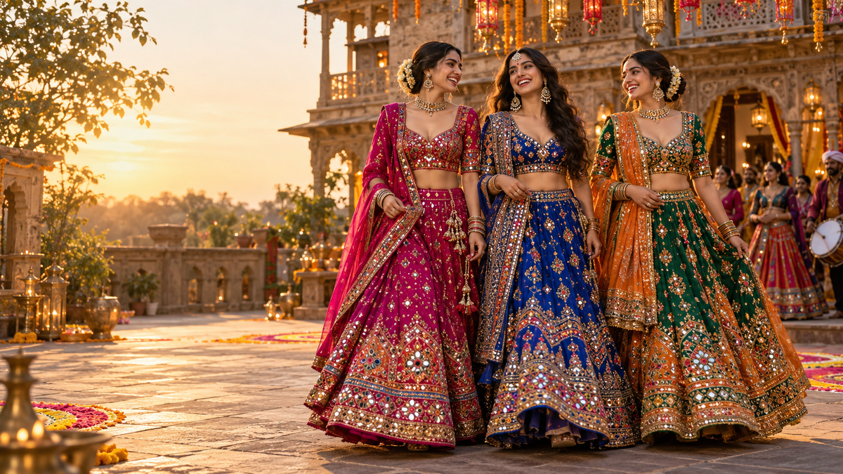Three women in mirror-work chaniya choli outfits for Navratri, walking outside a palace at sunset