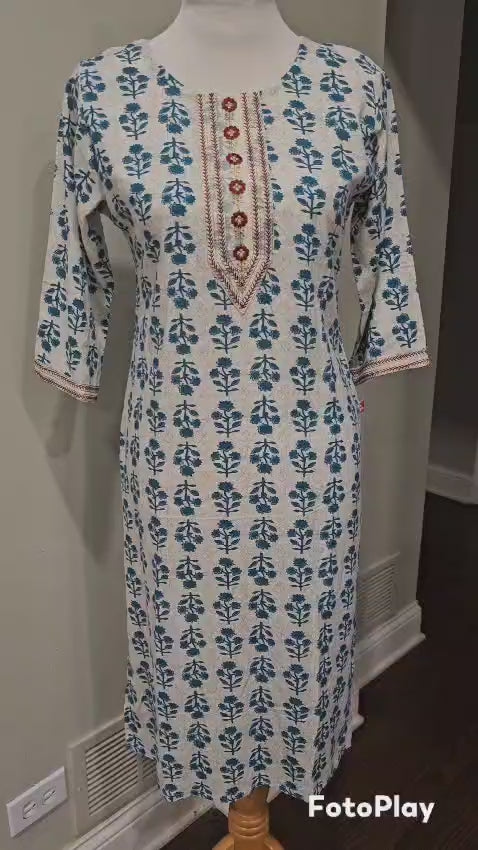 White Kurti with Teal Floral Print