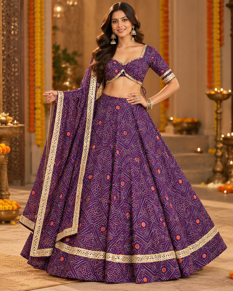 Purple Bandhani chaniya choli set with dupatta, gold zari lace border